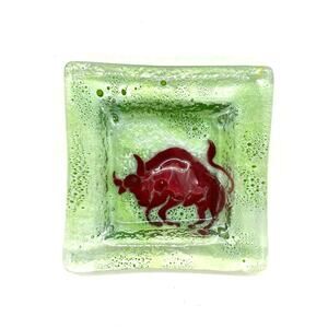 Opalo Vidrio Reposado Al Fuego Green Fused Art Glass Trinket Dish Bull Taurus 4"